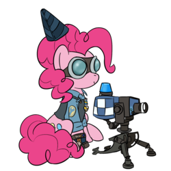 Size: 1280x1280 | Tagged: safe, artist:phat_guy, derpibooru exclusive, pinkie pie, earth pony, pony, g4, badge, clothes, crossover, engie pie, engineer, engineer (tf2), female, goggles, gun, gunslinger (tf2), hat, machine, mare, medal, mini-sentry gun, overalls, party hat, pyrovision goggles, sentry, sentry gun, shirt, simple background, sitting, smiling, solo, team fortress 2, transparent background, vest, video game, weapon