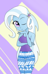 Size: 1836x2810 | Tagged: safe, artist:iyoungsavage, trixie, equestria girls, g4, abstract background, clothes, female, leggings, looking at you, one eye closed, solo, wink