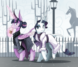 Size: 1859x1589 | Tagged: safe, artist:frogbians, rarity, twilight sparkle, alicorn, classical unicorn, horse, pony, unicorn, g4, alternate hairstyle, city, clothes, cloven hooves, coffee, coffee cup, cup, drink, duo, female, fence, hair bun, horn, impossibly large ears, impossibly large horn, lamppost, leonine tail, lesbian, magic, mare, ship:rarilight, shipping, statue, streetlight, telekinesis, twilight sparkle (alicorn), unshorn fetlocks