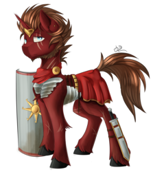 Size: 2235x2508 | Tagged: safe, artist:beardie, oc, oc only, commission, high res, scar, shield, simple background, solo, sword, transparent background, unshorn fetlocks, weapon