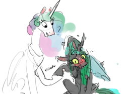Size: 1148x858 | Tagged: safe, artist:alumx, derpibooru exclusive, princess celestia, queen chrysalis, alicorn, changeling, changeling queen, pony, adorasexy, adorkable, blushing, blushing profusely, chryslestia, clop, cute, cutealis, cutelestia, derp, dork, dorkalis, female, holding hooves, horn, lesbian, lewd, nervous, onomatopoeia, question mark, sexy, shaking, shipping, simple background, sweat, white background, wings