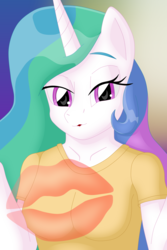 Size: 3495x5243 | Tagged: safe, artist:sergeant16bit, princess celestia, anthro, g4, female, gradient background, kiss mark, kissing, lidded eyes, lipstick, solo