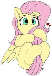 Size: 1065x1569 | Tagged: safe, artist:pabbley, color edit, edit, fluttershy, pegasus, pony, g4, :3, colored, cute, daaaaaaaaaaaw, female, flat colors, heart, hug, mare, on back, shyabetes, simple background, solo, tail hold, tail hug, white background, wings