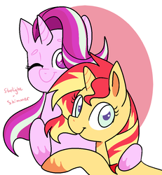Size: 884x957 | Tagged: safe, artist:1racat, starlight glimmer, sunset shimmer, pony, unicorn, g4, cute, duo, female, hug, lesbian, looking at you, one eye closed, ship:shimmerglimmer, shipping, smiling, snuggling, text
