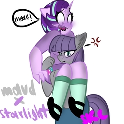 Size: 1000x1000 | Tagged: safe, artist:sugarkittycat04, maud pie, starlight glimmer, unicorn, anthro, g4, blushing, carrying, clothes, duo, female, lesbian, shipping, starmaud