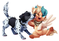 Size: 1024x723 | Tagged: safe, artist:centchi, oc, oc only, oc:sun light, dog, pegasus, pony, female, licking, mare, one eye closed, simple background, solo, tongue out, transparent background, watermark