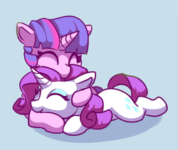 Size: 2865x2420 | Tagged: safe, artist:lilfunkman, rarity, twilight sparkle, pony, unicorn, g4, cuddling, cute, eyes closed, female, high res, lesbian, mare, prone, raribetes, ship:rarilight, shipping, simple background, smiling, twiabetes