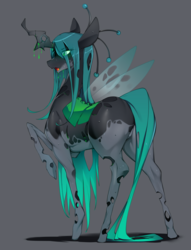 Size: 2196x2869 | Tagged: safe, artist:slugbox, queen chrysalis, changeling, changeling queen, g4, alternate design, bugbutt, butt, chrysalass, female, high res, mare, plot, raised hoof, rear view, simple background, solo