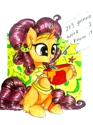Size: 1339x1791 | Tagged: safe, artist:liaaqila, saffron masala, pony, unicorn, g4, bowl, clothes, cute, dialogue, female, food, it's gonna work, liaaqila is trying to murder us, mare, saffronbetes, smiling, solo, traditional art