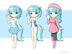 Size: 1600x1200 | Tagged: safe, artist:jdan-s, part of a set, coco pommel, earth pony, anthro, g4, alternate hairstyle, clothes, cocobetes, cute, dress, hairpin, hat, long hair, looking at you, one-piece swimsuit, pixiv, skirt, smiling, swimsuit, winter outfit