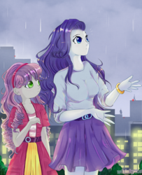 Size: 1770x2185 | Tagged: safe, artist:whiskyice, rarity, sweetie belle, equestria girls, g4, beautiful, belt, building, city, clothes, cloud, rain, skirt, sky, tree, wet hair
