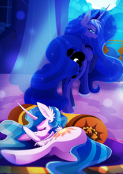 Size: 3508x4961 | Tagged: safe, artist:rariedash, princess celestia, princess luna, alicorn, pony, g4, carpet, curved horn, duo, female, horn, looking back, mare, moon, moonlight, night, pillow, royal sisters, sleeping, strategically covered, tail censor, wings
