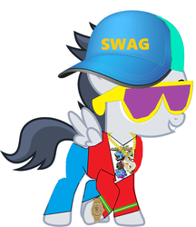 Size: 3120x3608 | Tagged: safe, artist:frownfactory, artist:jawsandgumballfan24, edit, rumble, pegasus, pony, g4, baseball cap, bling, cap, clothes, colt, gold chains, graffiti, hat, high res, jacket, male, pants, rapper, shirt, simple background, solo, sunglasses, swag, watch, white background