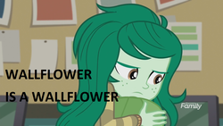 Size: 1280x720 | Tagged: safe, edit, edited screencap, screencap, wallflower blush, equestria girls, equestria girls specials, g4, my little pony equestria girls: better together, my little pony equestria girls: forgotten friendship, captain obvious, discovery family logo, female, looking down, pun, solo, wallflower and plants