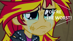 Size: 1280x720 | Tagged: safe, edit, edited screencap, screencap, sunset shimmer, equestria girls, g4, my little pony equestria girls, abuse, crying, op is a duck, sad, shimmerbuse, verbal abuse