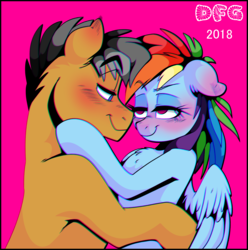 Size: 1980x1993 | Tagged: safe, artist:dragonfoxgirl, quibble pants, rainbow dash, earth pony, pegasus, pony, g4, 2018, bedroom eyes, blushing, chromatic aberration, duo, female, imminent kissing, looking at each other, male, mare, ship:quibbledash, shipping, simple background, stallion, straight