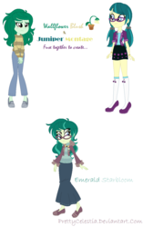 Size: 778x1238 | Tagged: safe, artist:prettycelestia, juniper montage, wallflower blush, oc, oc:emerald starbloom, equestria girls, equestria girls specials, g4, my little pony equestria girls: better together, my little pony equestria girls: forgotten friendship, my little pony equestria girls: movie magic, four eyes, fusion, fusion:juniblush, fusion:juniper montage, fusion:wallflower blush, glasses, multiple eyes