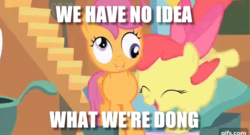 Size: 633x341 | Tagged: safe, edit, edited screencap, screencap, apple bloom, scootaloo, g4, my little pony: friendship is magic, stare master, derp, i have no idea what i'm doing, image macro, meme, misspelling