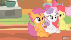 Size: 640x360 | Tagged: safe, edit, edited screencap, screencap, apple bloom, fluttershy, scootaloo, sweetie belle, earth pony, pegasus, pony, unicorn, g4, season 1, stare master, animated, behaving like a dog, butt scootin', cutie mark crusaders, female, filly, gifs.com, mare, reversed, scooting