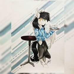 Size: 1440x1440 | Tagged: safe, artist:scootiegp, oc, oc only, pegasus, pony, apron, clothes, glass, holding, looking at you, male, plate, shirt, signature, simple background, smiling, solo, spread wings, stallion, table, traditional art, water, wings, wood, zoom layer