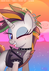 Size: 700x1017 | Tagged: safe, artist:lennonblack, rarity, pony, g4, it isn't the mane thing about you, alternate hairstyle, ear piercing, female, one eye closed, palm tree, piercing, punk, raripunk, signature, solo, tree, wink