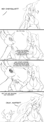 Size: 500x1392 | Tagged: safe, artist:suirano, queen chrysalis, thorax, changedling, changeling, anthro, g4, ..., breasts, busty queen chrysalis, cleavage, clothes, collar, comic, dialogue, king thorax, master, monochrome, subalis
