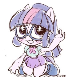 Size: 1582x1788 | Tagged: safe, artist:k-nattoh, sci-twi, twilight sparkle, equestria girls, g4, my little pony equestria girls: better together, blushing, bowtie, chibi, clothes, cute, female, glasses, looking at you, moe, pleated skirt, ponytail, shoes, simple background, skirt, solo, twiabetes, waving, white background