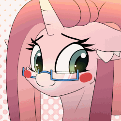 Size: 1000x1000 | Tagged: safe, artist:n0nnny, oc, oc only, oc:kendra heart, pony, unicorn, g4, animated, blinking, blushing, bust, cute, ear fluff, frame by frame, gif, gift art, glasses, looking at you, looking away, ocbetes, portrait, smiling, smiling at you, solo