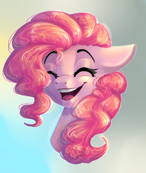 Size: 1024x1210 | Tagged: dead source, safe, artist:freckleplant, part of a set, pinkie pie, earth pony, pony, g4, abstract background, bust, commission, cute, diapinkes, eyes closed, female, floppy ears, mare, open mouth, portrait, smiling, solo