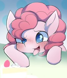 Size: 1234x1438 | Tagged: safe, artist:ccc, pinkie pie, earth pony, pony, g4, blushing, female, food, looking at you, mare, solo, strawberry, whipped cream