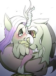 Size: 1430x1921 | Tagged: safe, artist:ccc, discord, fluttershy, draconequus, pegasus, pony, g4, blushing, cute, discute, female, looking at each other, male, ship:discoshy, shipping, straight, tongue out