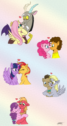 Size: 1024x1906 | Tagged: safe, artist:snowstoat, big macintosh, cheese sandwich, derpy hooves, discord, doctor whooves, fluttershy, pinkie pie, sugar belle, sunset shimmer, time turner, twilight sparkle, alicorn, pony, unicorn, g4, boop, cuddling, eyes closed, female, heart, hug, lesbian, looking at each other, male, noseboop, one eye closed, ship:cheesepie, ship:discoshy, ship:doctorderpy, ship:sugarmac, ship:sunsetsparkle, shipping, smiling, straight, twilight sparkle (alicorn)