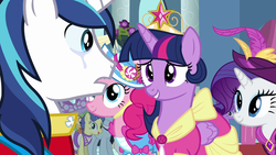 Size: 1280x720 | Tagged: safe, screencap, bruce mane, masquerade, north star, perfect pie, pinkie pie, rarity, shining armor, twilight sparkle, alicorn, pony, g4, magical mystery cure, apple family member, big crown thingy, clothes, coronation, coronation dress, crown, crying, dress, jewelry, liquid pride, regalia, twilight sparkle (alicorn)