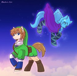 Size: 1378x1363 | Tagged: safe, artist:hosikawa, earth pony, pony, boots, cape, clothes, duo, ear piercing, earring, fi, jewelry, link, looking at you, nintendo, piercing, ponified, saddle bag, shoes, the legend of zelda, the legend of zelda: skyward sword, tunic