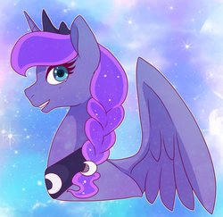 Size: 1289x1255 | Tagged: safe, artist:hosikawa, princess luna, alicorn, pony, g4, abstract background, alternate hairstyle, crown, female, hairpin, jewelry, looking at you, mare, regalia, solo