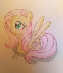 Size: 3120x3628 | Tagged: safe, artist:prinrue, fluttershy, pegasus, pony, g4, colored pencil drawing, female, high res, mare, prone, simple background, sitting, solo, traditional art