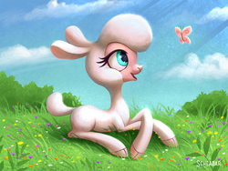 Size: 1200x900 | Tagged: safe, artist:scheadar, pom (tfh), butterfly, lamb, sheep, them's fightin' herds, adorapom, cloud, cloven hooves, community related, cute, female, grass, prone, sky, smiling, solo