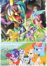 Size: 624x864 | Tagged: safe, artist:andy price, artist:caelynmlp, edit, editor:caelynmlp, applejack, cloudy quartz, cookie crumbles, fluttershy, pear butter, pinkie pie, posey shy, queen chrysalis, rainbow dash, rarity, twilight sparkle, twilight velvet, windy whistles, changeling, changeling queen, earth pony, pegasus, pony, unicorn, g4, angry, changeling slime, clothes, eyes closed, female, floppy ears, flying, frown, glare, glasses, gritted teeth, horrified, implied resurrection, jewelry, lidded eyes, mama bear, mane six, mare, marshmelodrama, messy, mom six, mother, necklace, open mouth, pulling, raised hoof, raised leg, smiling, spread wings, stuck, text, this will end in pain, tongue out, underhoof, unicorn twilight, wide eyes, wings