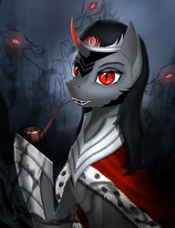 Size: 2552x3323 | Tagged: safe, artist:dezdark, king sombra, pony, unicorn, g4, femboy, handsome, high res, hoof hold, male, pipe, red eyes, shadow, slit pupils, smiling, solo, stallion, stupid sexy sombra