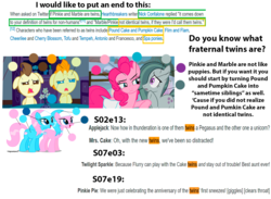 Size: 1366x1000 | Tagged: safe, edit, edited screencap, screencap, aloe, lotus blossom, marble pie, pinkie pie, pound cake, pumpkin cake, a flurry of emotions, baby cakes, g4, hearthbreakers, it isn't the mane thing about you, nick confalone, spa twins, text, twins