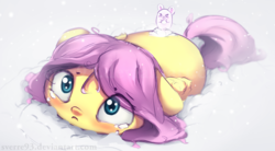 Size: 1600x883 | Tagged: safe, artist:sverre93, fluttershy, mouse, pegasus, pony, g4, blushing, cute, female, floppy ears, looking up, mare, shyabetes, snow, wings