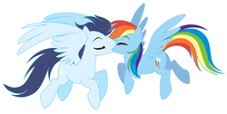 Size: 2150x1080 | Tagged: safe, artist:nabbiekitty, rainbow dash, soarin', pegasus, pony, g4, duo, eyes closed, female, flying, kissing, male, ship:soarindash, shipping, simple background, straight, white background, wings