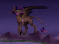 Size: 1024x768 | Tagged: safe, artist:itsizzybel, oc, oc only, oc:evening howler, pony, colored wings, female, flying, mare, multicolored wings, night, solo