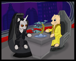 Size: 3000x2400 | Tagged: safe, artist:thetomness, earth pony, pony, unicorn, chess, clothes, dark side, darth sidious, disney, duo, emperor palpatine, equestria amino, high res, memory, prophecy, robe, scar, sith, sitting, spoilers for another series, star wars, star wars: return of the jedi, star wars: revenge of the sith, star wars: the last jedi, star wars: the rise of skywalker, supreme leader snoke