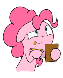 Size: 1000x1234 | Tagged: source needed, safe, artist:latie, pinkie pie, g4, clipboard, female, pencil, simple background, solo, thinking, tongue out, white background