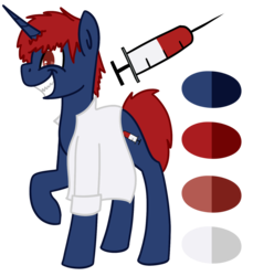 Size: 1280x1395 | Tagged: safe, artist:azure-quill, oc, oc only, oc:potent toxins, pony, unicorn, mad scientist, male, reference sheet, scientist, simple background, solo, syringe, transparent background