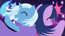 Size: 1920x1080 | Tagged: safe, artist:darkwolfmx, trixie, twilight sparkle, alicorn, pony, unicorn, g4, cover, cutie mark, duo, duo female, eyes closed, female, mare, smiling, twilight sparkle (alicorn), wallpaper