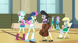 Size: 1280x714 | Tagged: safe, screencap, aqua blossom, blueberry cake, bon bon, derpy hooves, lyra heartstrings, octavia melody, sweetie drops, watermelody, equestria girls, g4, my little pony equestria girls: rainbow rocks, cello, musical instrument, table