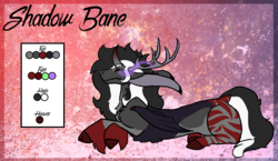 Size: 2232x1296 | Tagged: safe, artist:thebigearredbat, oc, oc only, oc:shadow bane, draconequus, antlers, cloven hooves, color palette, curved horn, draconequus oc, horn, interspecies offspring, long ears, magical gay spawn, male, offspring, parent:discord, parent:king sombra, parents:sombracord, solo, sombra eyes, unshorn fetlocks