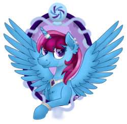 Size: 1024x1004 | Tagged: safe, artist:spokenmind93, oc, oc only, oc:parcly taxel, alicorn, genie, pony, ain't never had friends like us, albumin flask, alicorn oc, bracelet, bust, female, horn, horn ring, jewelry, looking at you, necklace, portrait, signature, simple background, solo, spread wings, transparent background, watermark, wings